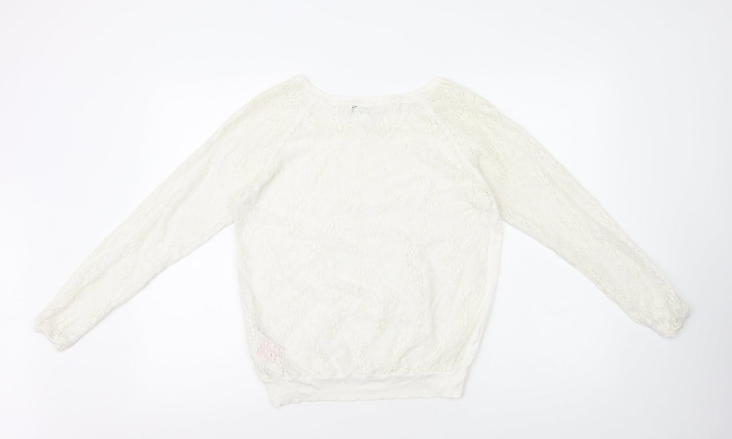Only Womens White Round Neck 100% Cotton Pullover Jumper Size L - Lace Trim