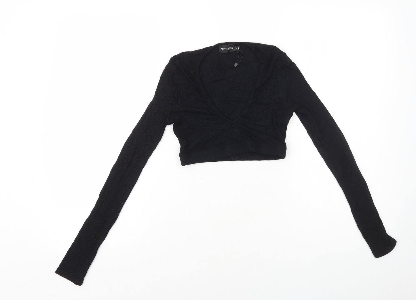 PRETTYLITTLETHING Womens Black Viscose Cropped T-Shirt Size 4 V-Neck