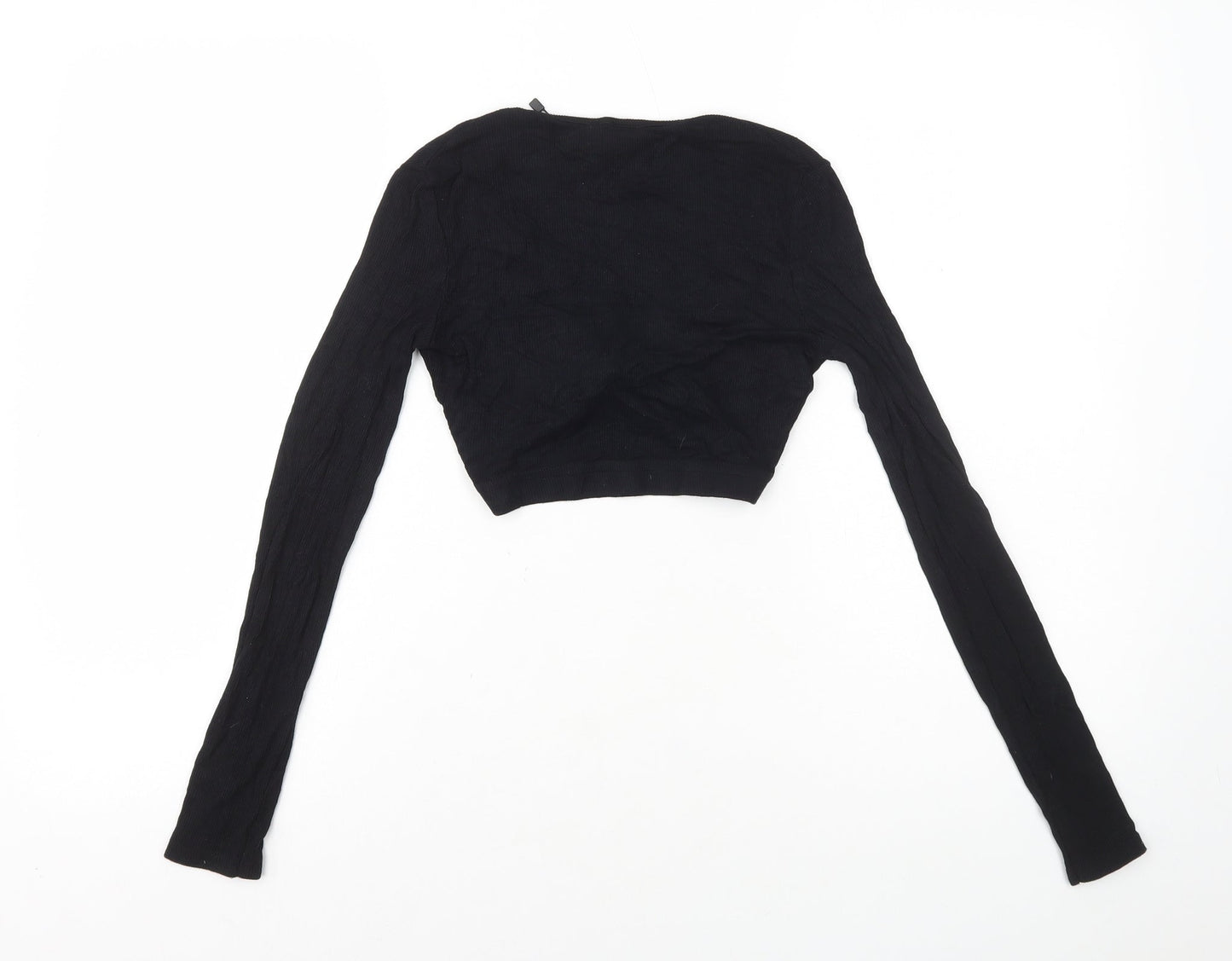 PRETTYLITTLETHING Womens Black Viscose Cropped T-Shirt Size 4 V-Neck