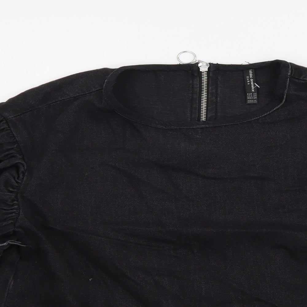 Zara Womens Grey Cotton Basic Blouse Size XS Round Neck