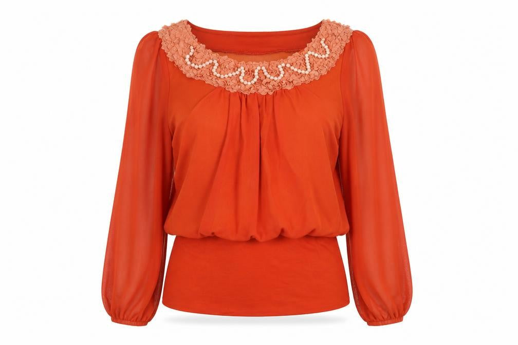 Pussycat London Womens Orange Polyester Basic Blouse Size S Round Neck