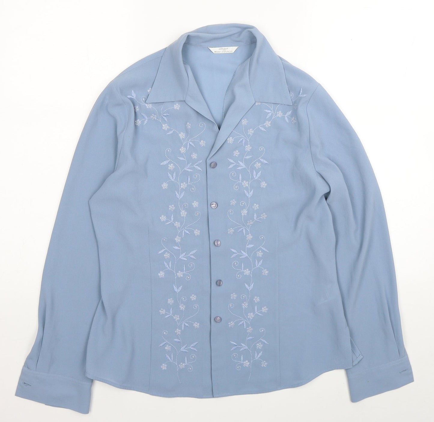 Marks and Spencer Womens Blue Floral Polyester Basic Button-Up Size 12 Collared