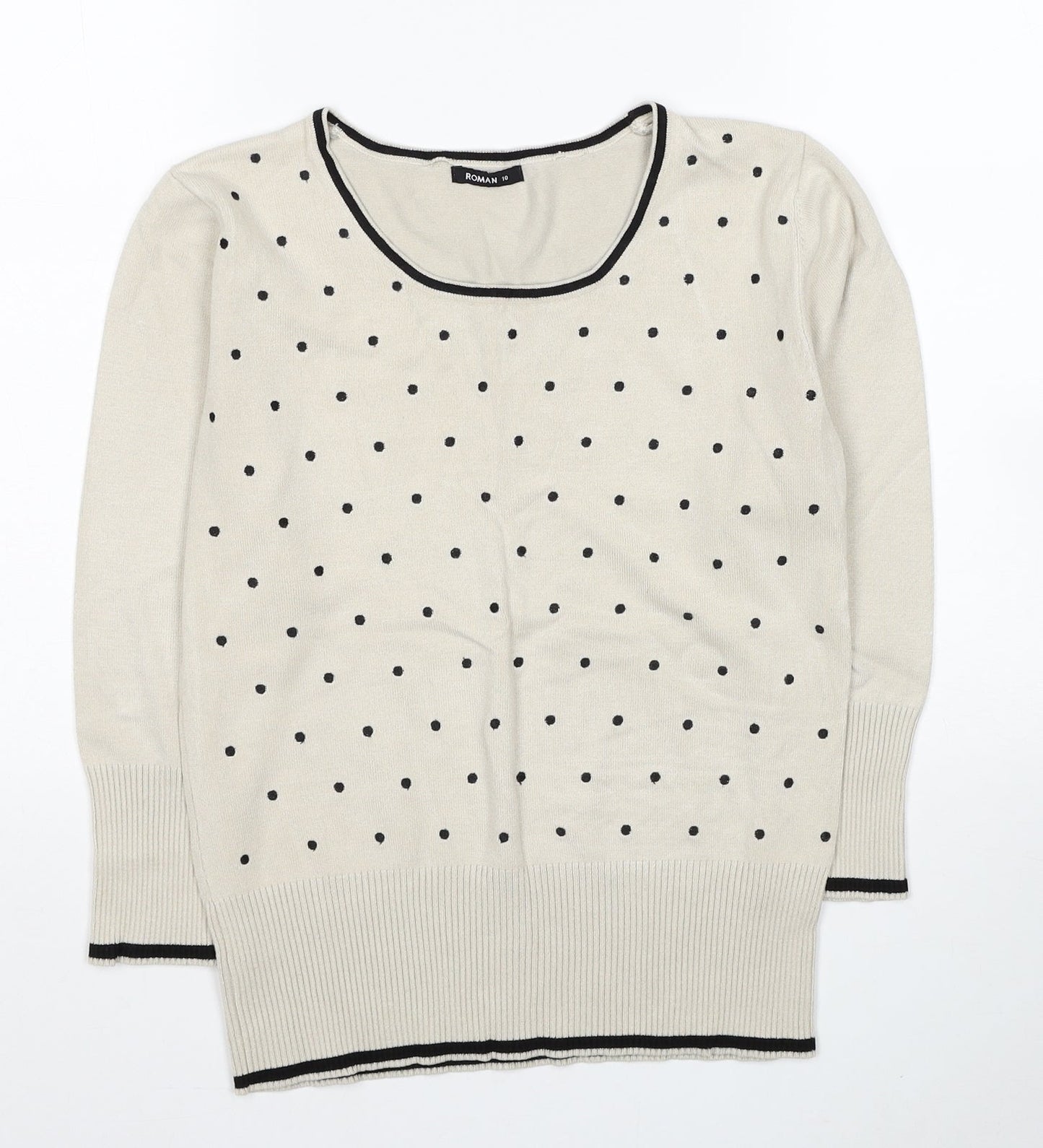Roman Womens Beige Scoop Neck Polka Dot Acrylic Pullover Jumper Size 10