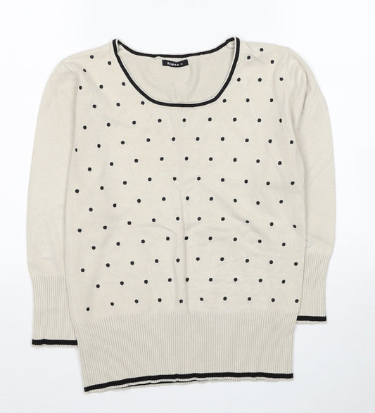 Roman Womens Beige Scoop Neck Polka Dot Acrylic Pullover Jumper Size 10