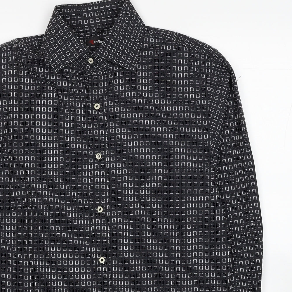 Refind Mens Black Geometric Polyester Dress Shirt Size S Collared Button