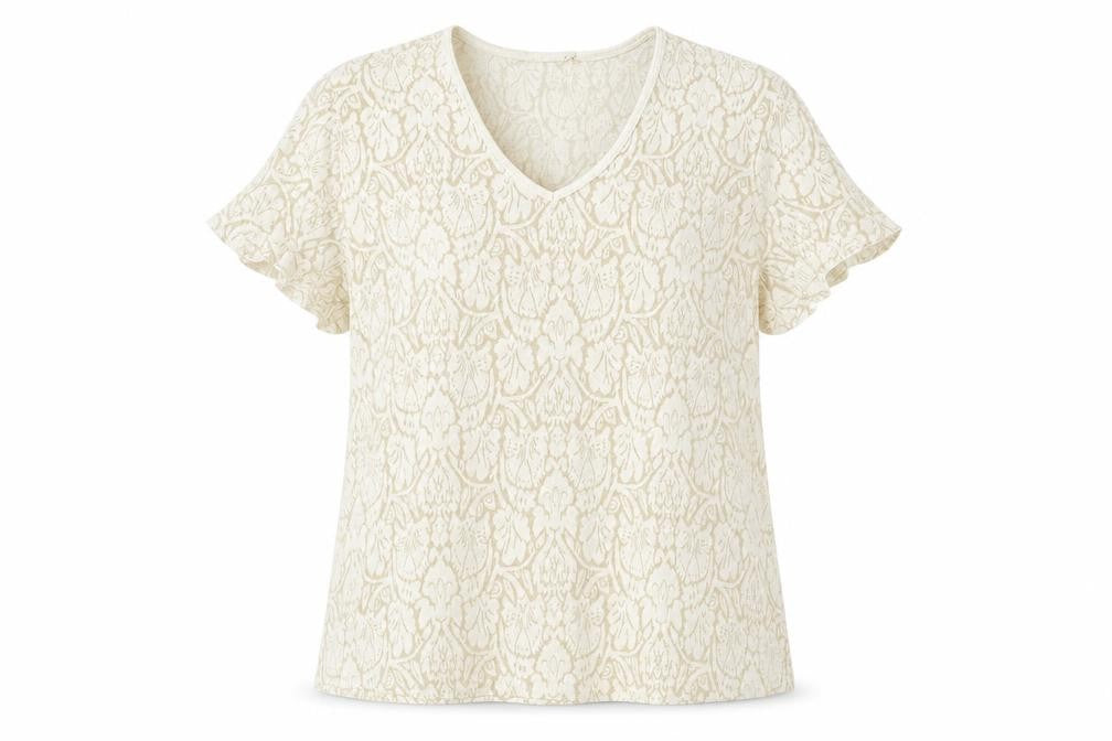 Bonmarché Womens Beige Geometric Acrylic Basic T-Shirt Size L Round Neck