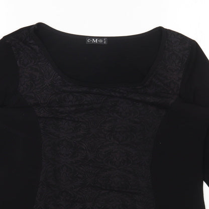 CMD Womens Black Geometric Polyester Basic T-Shirt Size 14 Scoop Neck