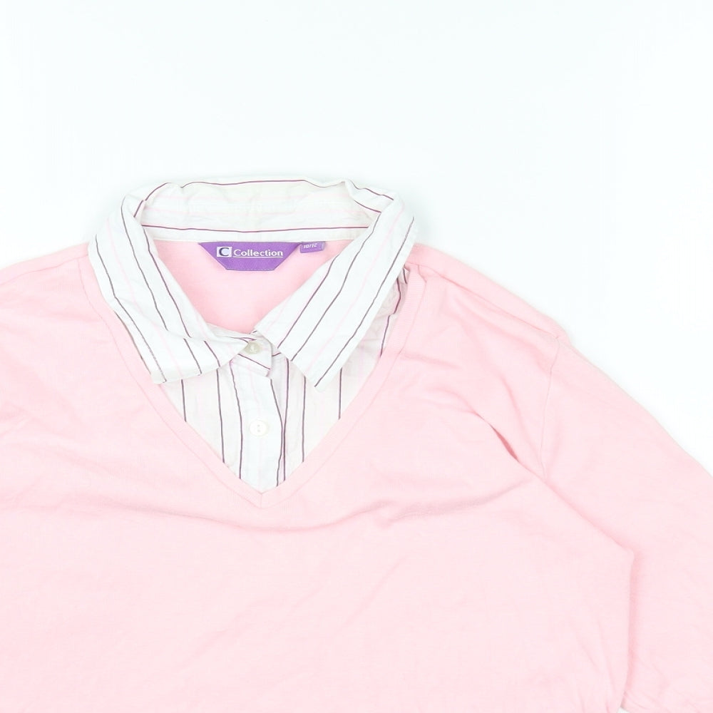 Collection Womens Pink Striped Cotton Basic T-Shirt Size 10 Collared