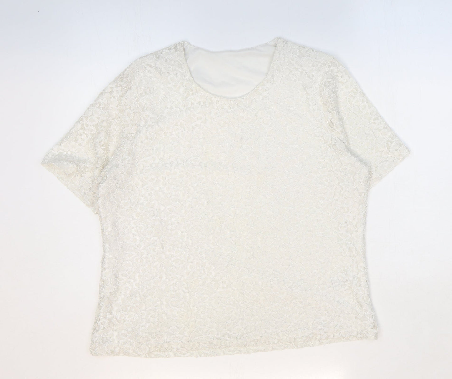 Preworn Womens White Floral Polyamide Basic T-Shirt Size 16 Round Neck