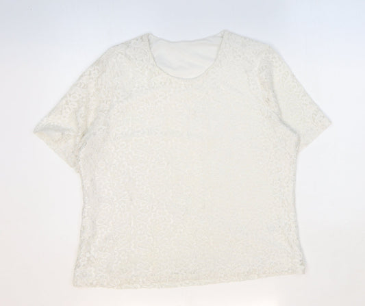 Preworn Womens White Floral Polyamide Basic T-Shirt Size 16 Round Neck