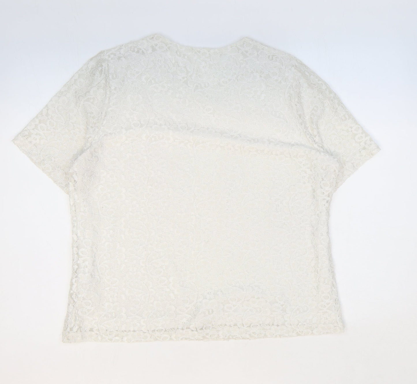 Preworn Womens White Floral Polyamide Basic T-Shirt Size 16 Round Neck