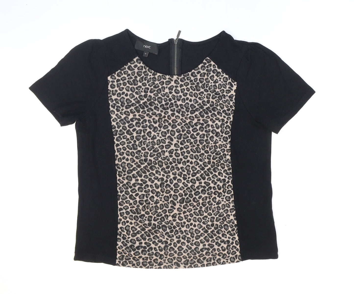 NEXT Womens Black Animal Print Acrylic Basic T-Shirt Size 12 Round Neck