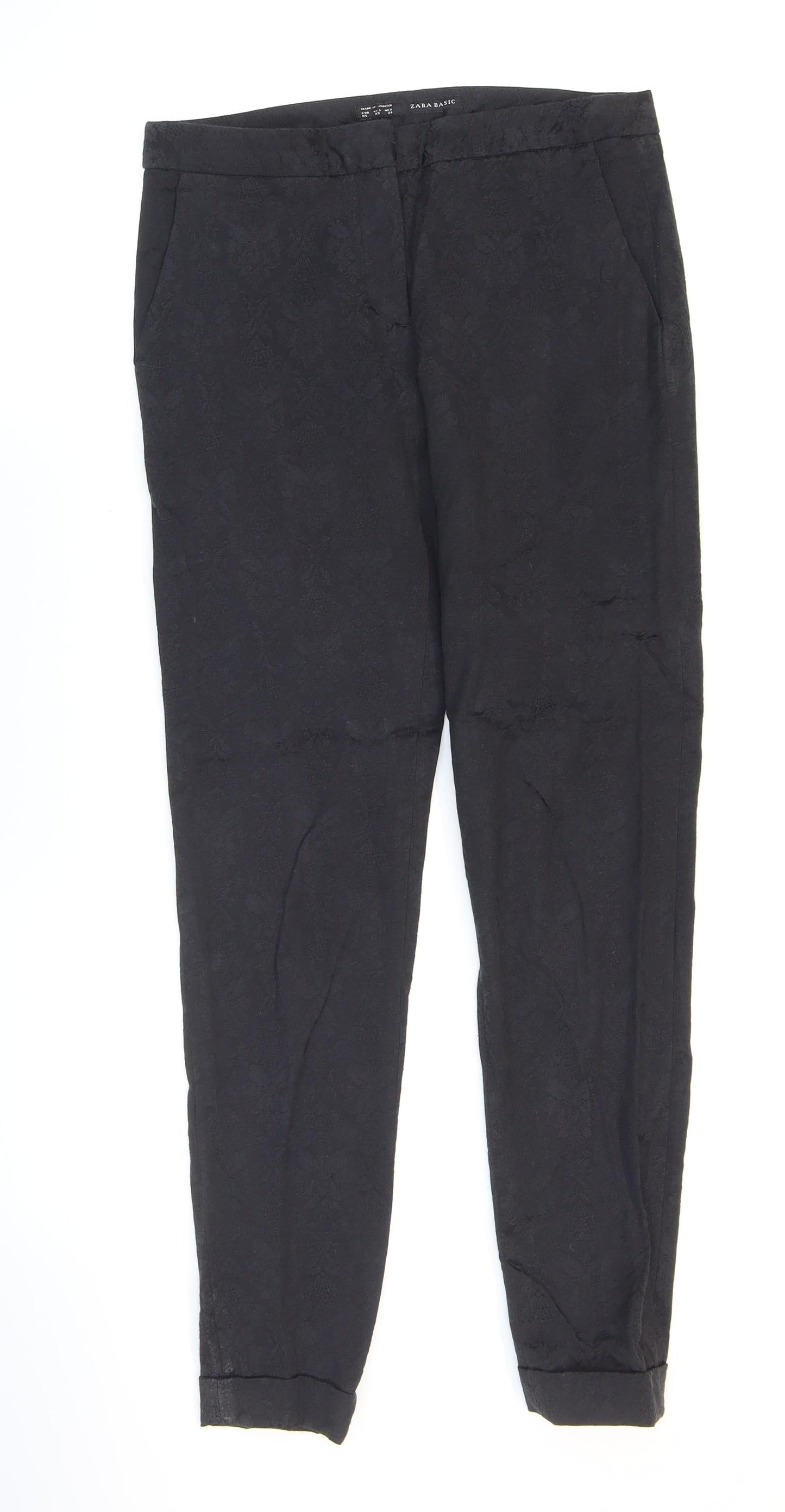Zara Womens Black Floral Polyester Carrot Trousers Size 4 L27 in Regular Zip - Damask Pattern