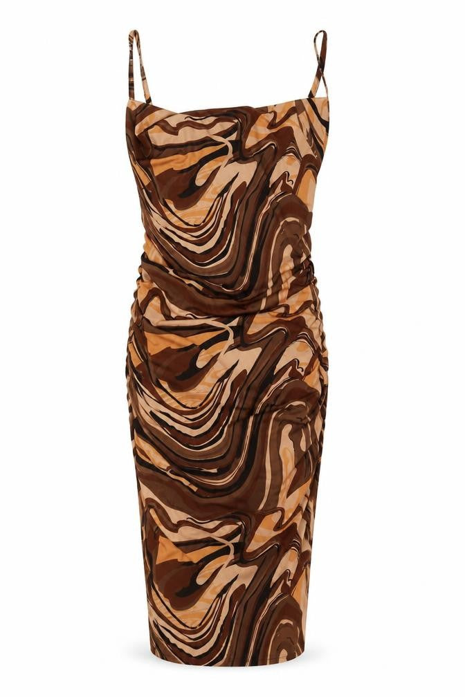 PRETTYLITTLETHING Womens Brown Geometric Polyester Pencil Dress Size 8 Square Neck Pullover