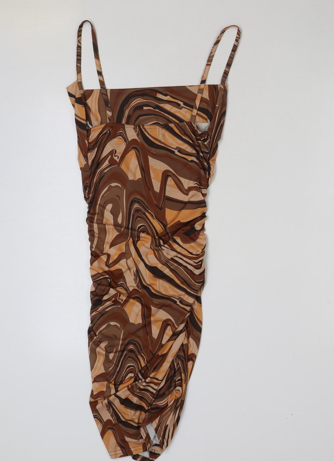 PRETTYLITTLETHING Womens Brown Geometric Polyester Pencil Dress Size 8 Square Neck Pullover
