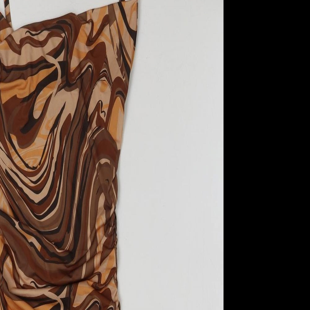 PRETTYLITTLETHING Womens Brown Geometric Polyester Pencil Dress Size 8 Square Neck Pullover