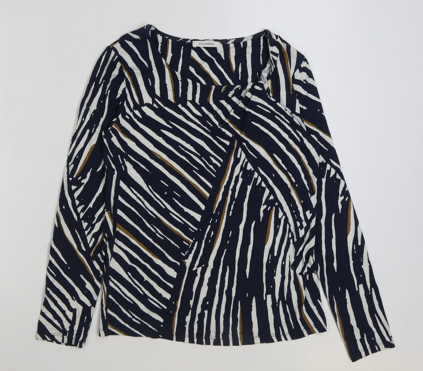 Marks and Spencer Womens Blue Geometric Viscose Basic T-Shirt Size 8 Scoop Neck