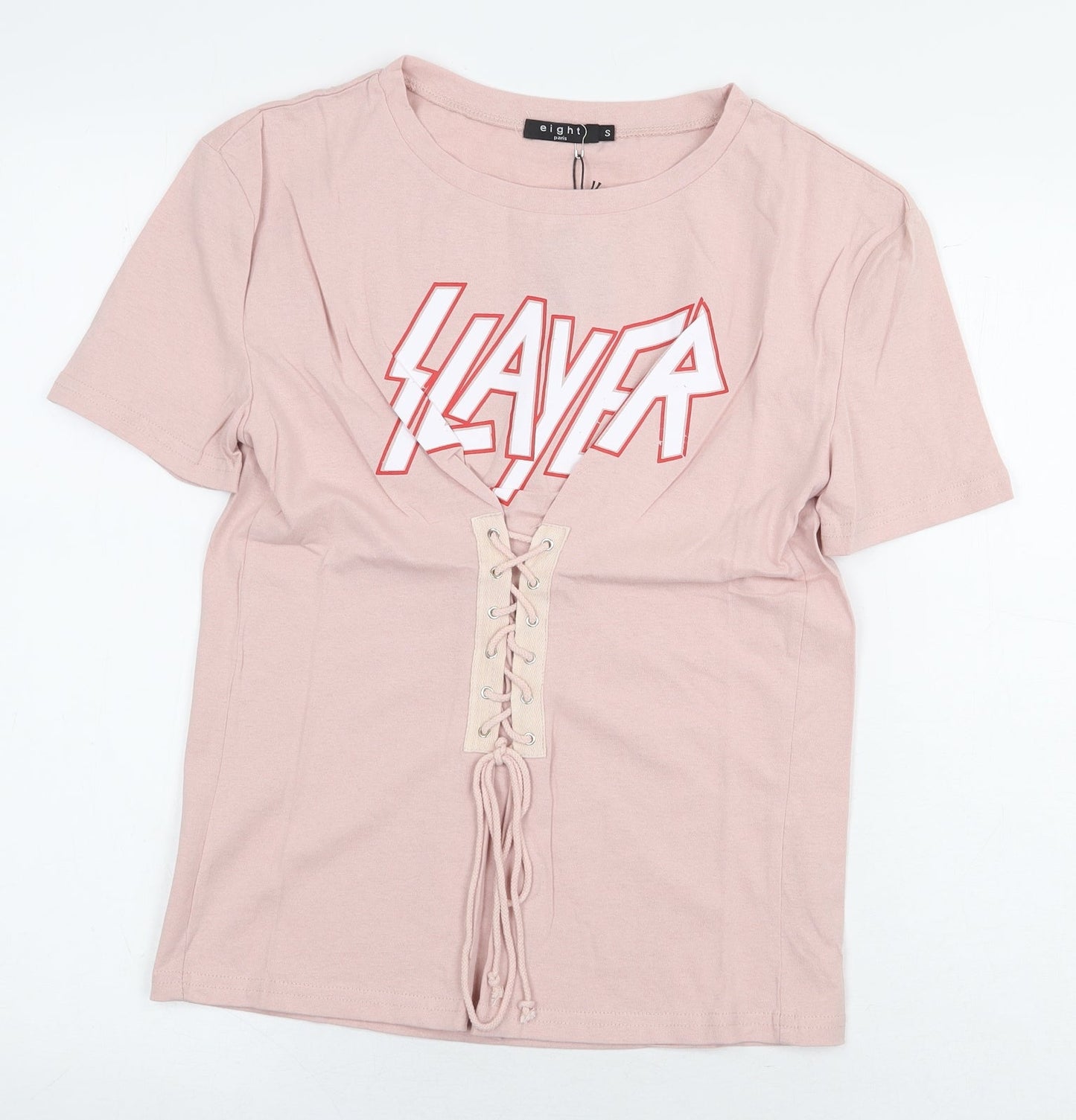 Eight Paris Womens Pink 100% Cotton Basic T-Shirt Size S Round Neck - Lace Up Detail