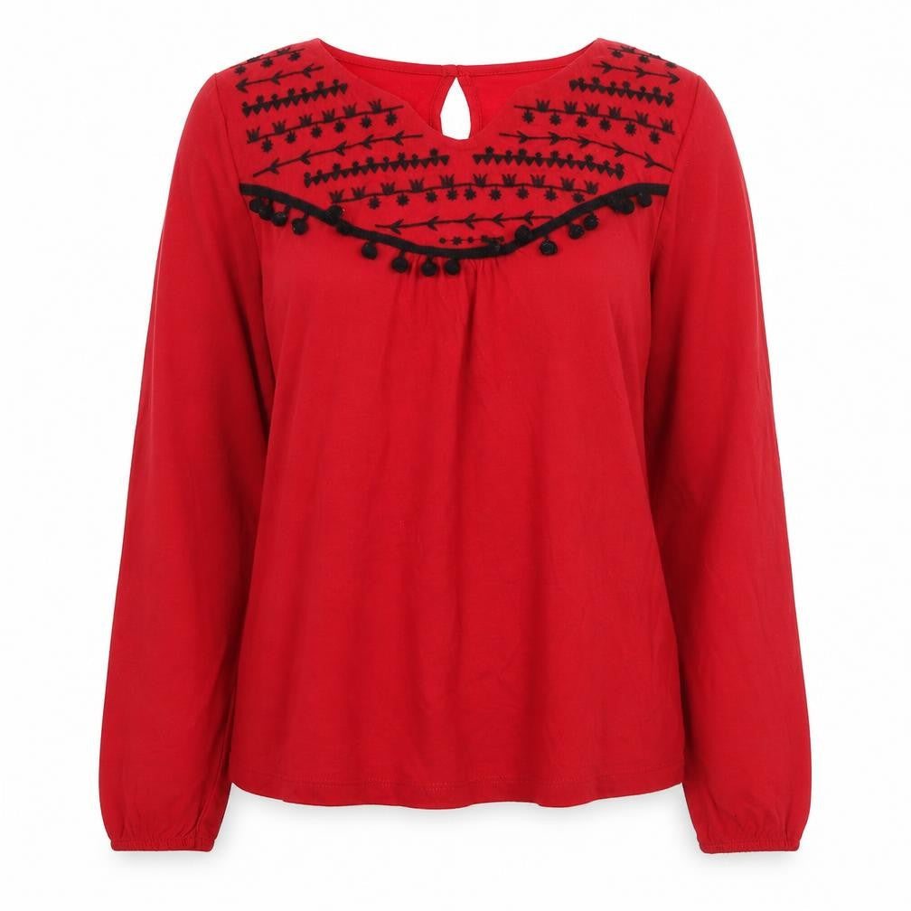 Red Herring Womens Red Geometric Polyester Basic T-Shirt Size 14 V-Neck - Pom Pom Trim