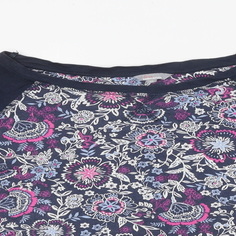 Monsoon Womens Blue Geometric Polyester Basic T-Shirt Size M Round Neck