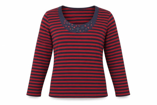 Iz Womens Red Striped Polyester Basic T-Shirt Size M Scoop Neck