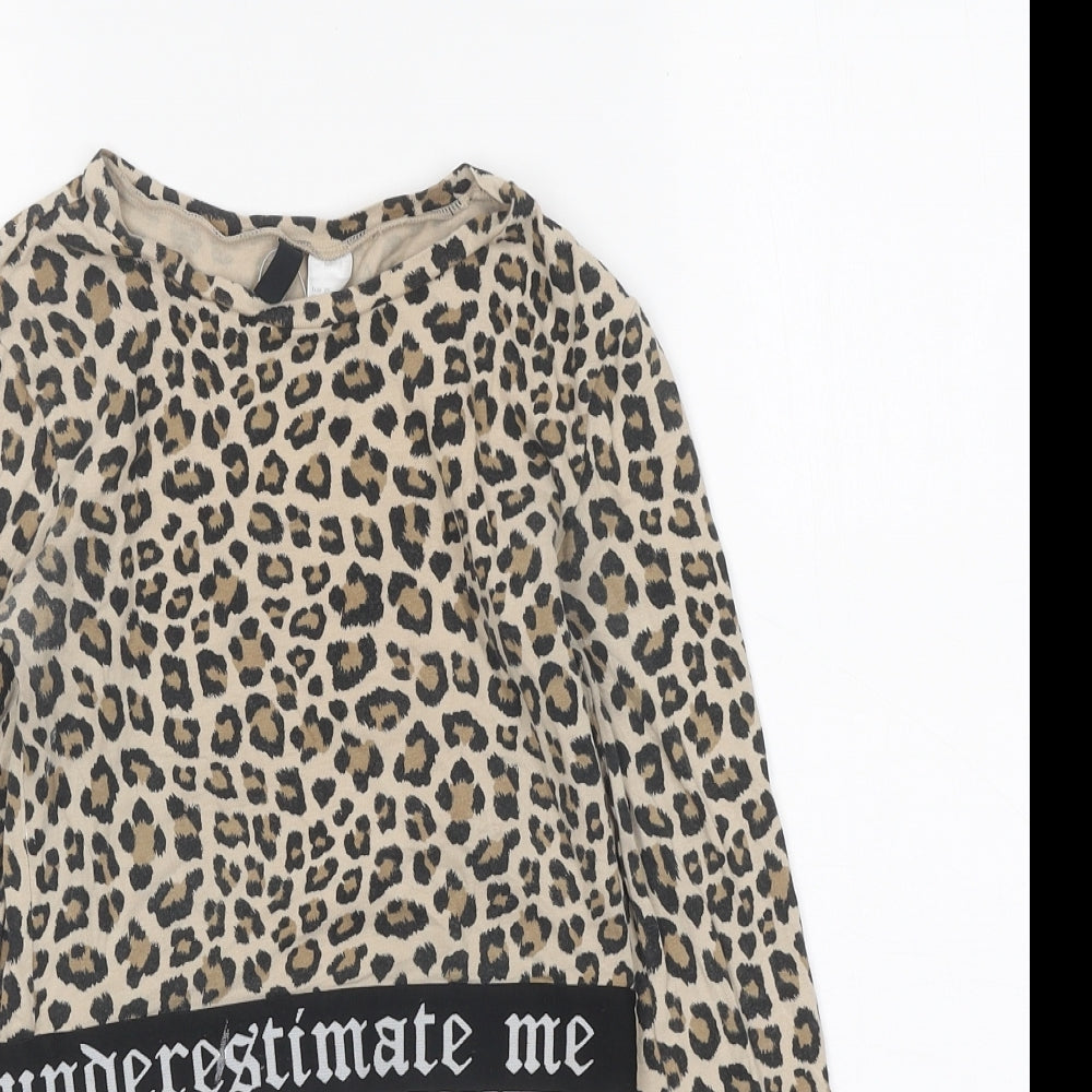 H&M Womens Brown Animal Print Polyester Cropped T-Shirt Size XS Round Neck - Leopard Print