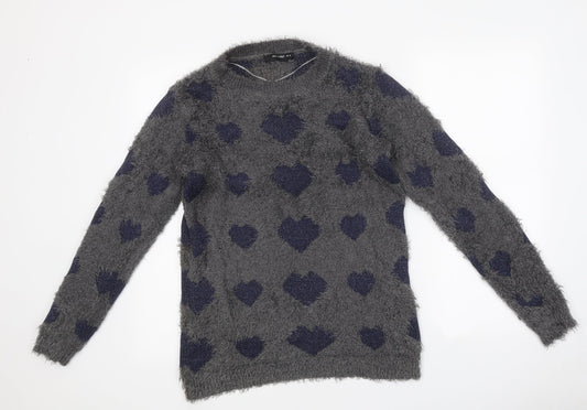 AKD-A-WEST Womens Grey Round Neck Geometric Polyester Pullover Jumper Size 12 - Heart Pattern