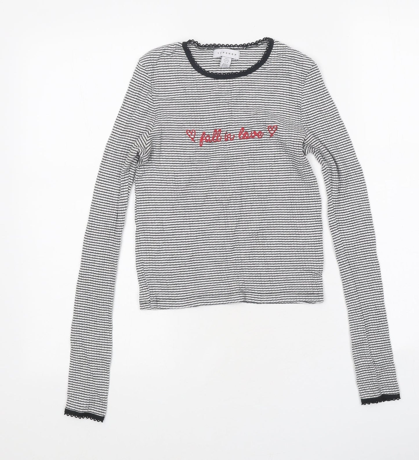 Topshop Womens White Striped Polyester Cropped T-Shirt Size 8 Round Neck - Love