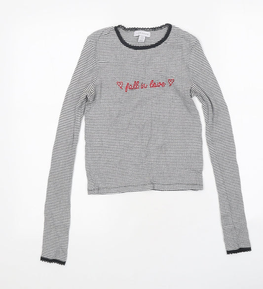 Topshop Womens White Striped Polyester Cropped T-Shirt Size 8 Round Neck - Love
