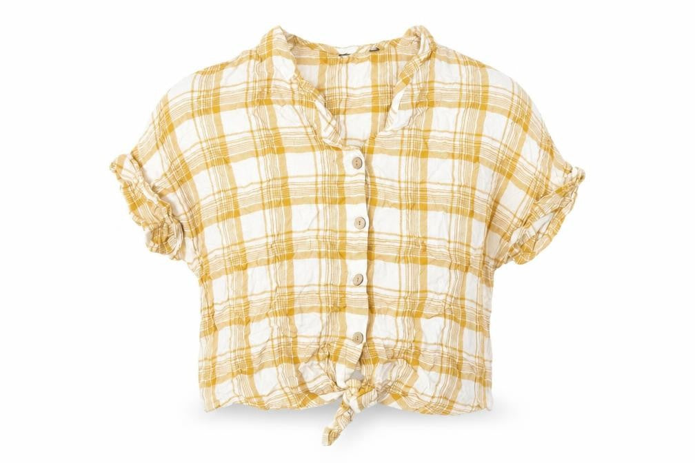 New Look Womens Yellow Plaid Viscose Basic Button-Up Size 14 V-Neck - Tie At Front