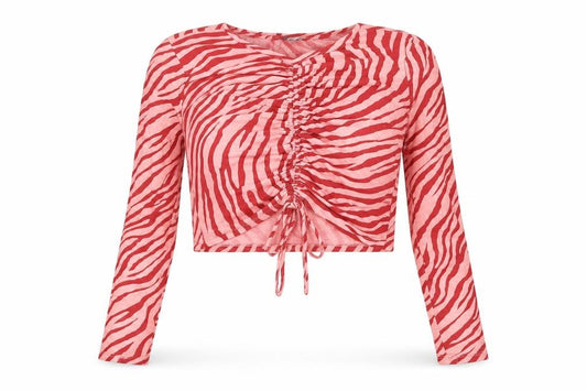 Primark Womens Pink Animal Print Cotton Cropped T-Shirt Size M Crew Neck - Ruched Detail. Size 12-14