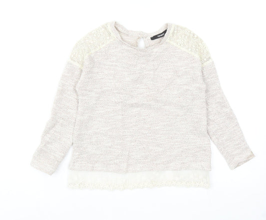 George Girls Beige Round Neck Cotton Pullover Jumper Size 5-6 Years Button - Lace Detail And Trim