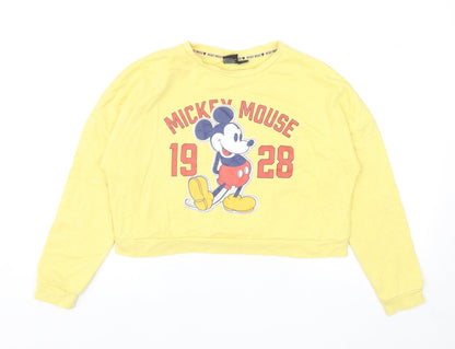 Preloved Primark Girls Yellow Cotton Pullover Sweatshirt Size 11-12 Years Pullover - Mickey Mouse Cropped - Front