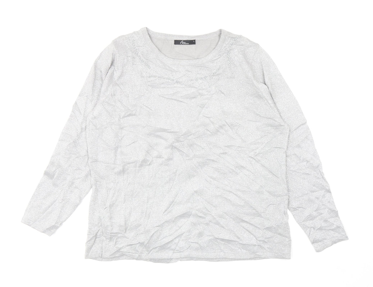 BONMARCHE Womens Silver Round Neck Acrylic Pullover Jumper Size L