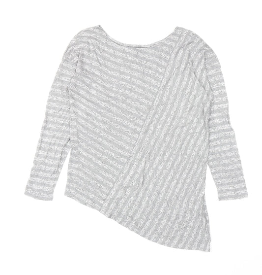 Retro-ology Womens Grey Striped Cotton Basic T-Shirt Size M Boat Neck - Asymmetric