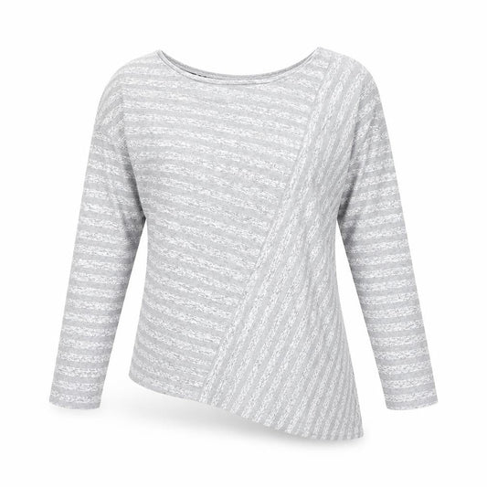 Retro-ology Womens Grey Striped Cotton Basic T-Shirt Size M Boat Neck - Asymmetric