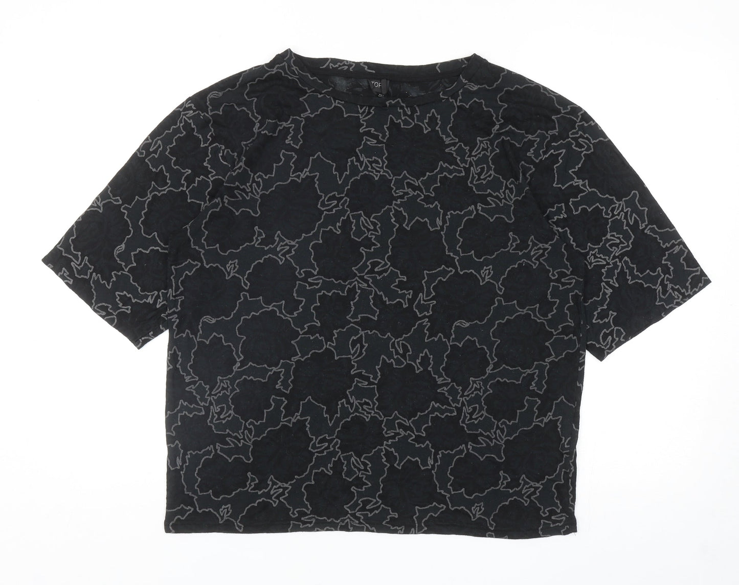 Topshop Womens Black Floral Polyester Basic T-Shirt Size S Boat Neck