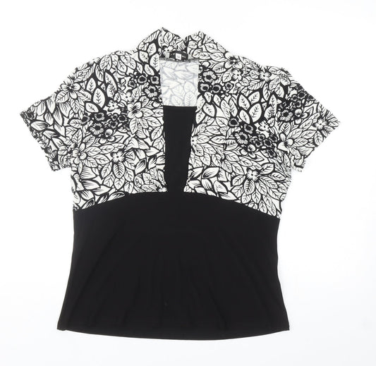 BASSINI Womens Black Floral Polyester Basic Blouse Size 14 Square Neck