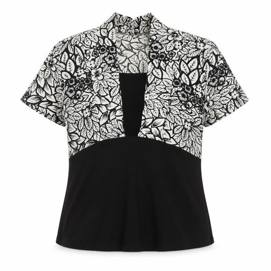BASSINI Womens Black Floral Polyester Basic Blouse Size 14 Square Neck