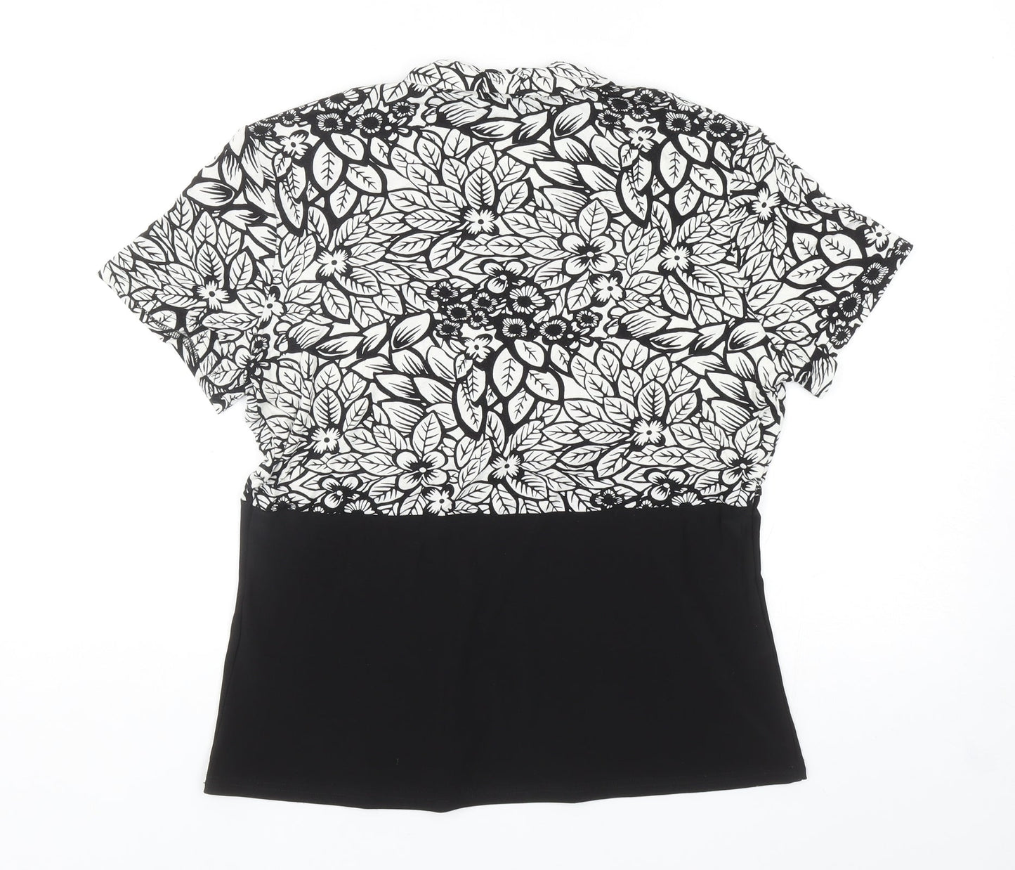 BASSINI Womens Black Floral Polyester Basic Blouse Size 14 Square Neck