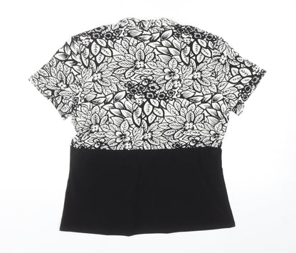 Bassini Womens Black Floral Polyester Basic Blouse Size 14 Square Neck