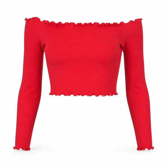 PRETTYLITTLETHING Womens Red Polyester Cropped T-Shirt Size 8 Off the Shoulder - Ribbed