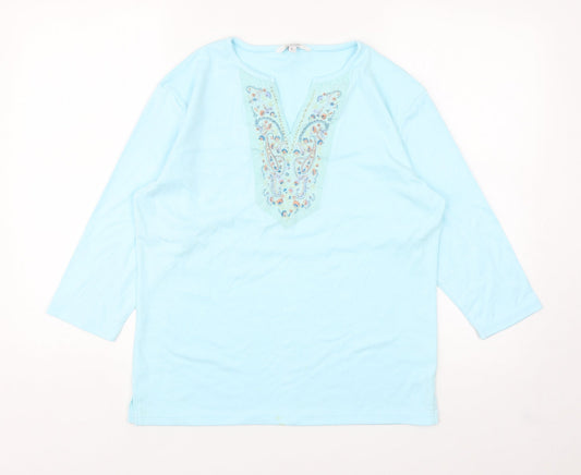 Image Womens Blue Cotton Basic T-Shirt Size L V-Neck - Embroidered Neckline