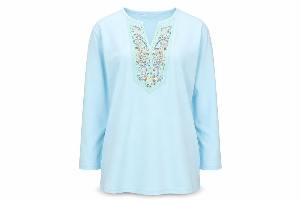 Image Womens Blue Cotton Basic T-Shirt Size L V-Neck - Embroidered Neckline