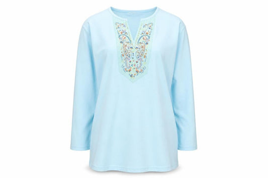 Image Womens Blue Cotton Basic T-Shirt Size L V-Neck - Embroidered Neckline