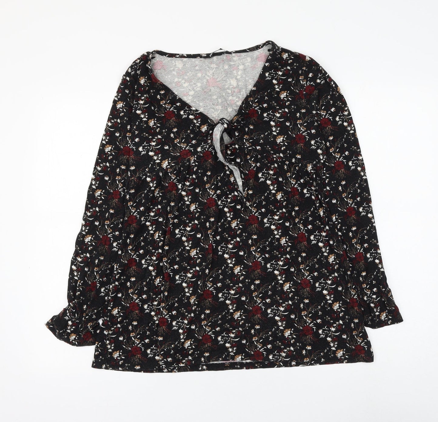 PEP&CO Womens Black Floral Viscose Basic Blouse Size 8 V-Neck - Knot Front