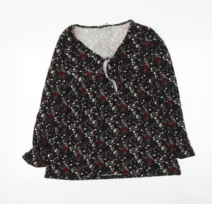Pep&Co Womens Black Floral Viscose Basic Blouse Size 8 V-Neck - Knot Front