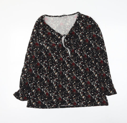 PEP&CO Womens Black Floral Viscose Basic Blouse Size 8 V-Neck - Knot Front
