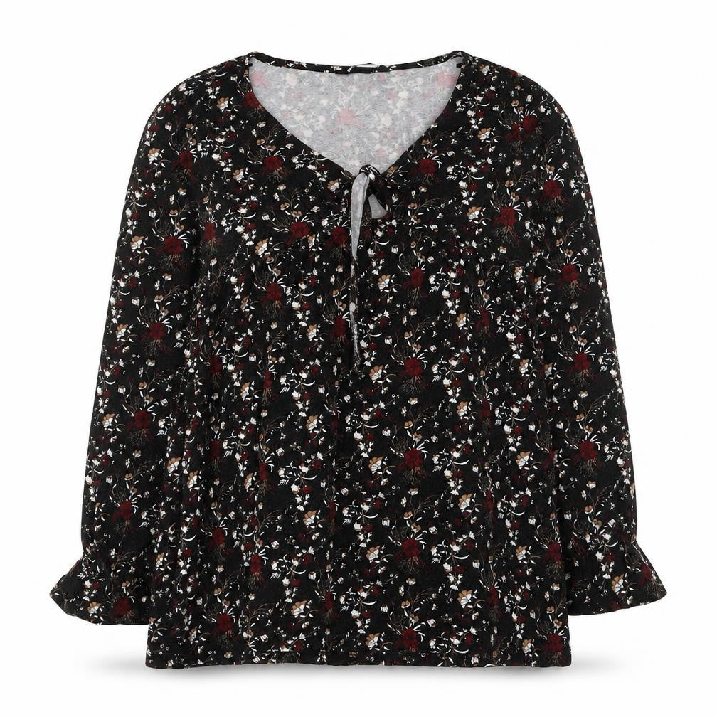 PEP&CO Womens Black Floral Viscose Basic Blouse Size 8 V-Neck - Knot Front