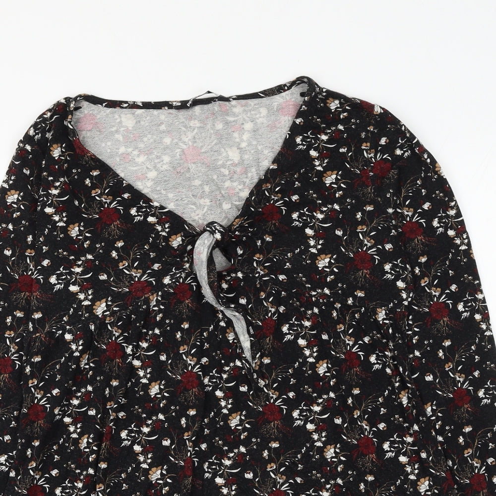 PEP&CO Womens Black Floral Viscose Basic Blouse Size 8 V-Neck - Knot Front